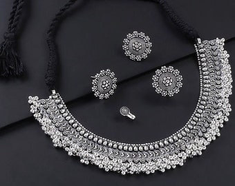 Oxidierte versilberte Choker Ohrringe Nase Pin und Ring Set, Choker Halskette für Frauen, indischer Choker, Zeitgenössische Choker Halskette