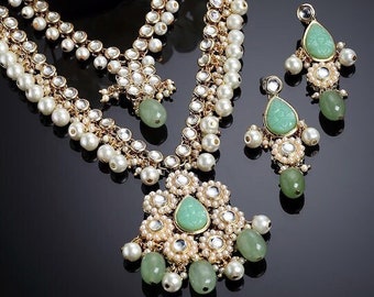 Parure de bijoux en plaqué or avec pierres vert anis et kundan blanc pour femme, bijoux indiens de mariage, mariée, parure de boucles d'oreilles avec collier superposé