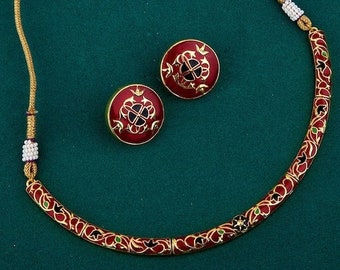 Ensemble de bijoux choker plaqué or et émaillé rouge pour femmes, choker indien avec ensemble de boucles d’oreilles, ensemble de colliers contemporains, bijoux de déclaration