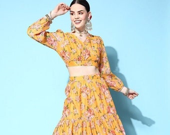 Indian Floral Crop Top With Maxi Skirt Set For Women, Lehenga Choli Women, Indian Blouse With Skirt Set, Indian Dress, Indo Western Dress