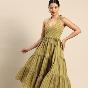 Ethnic Motifs Printed Smocked Fit & Flare Midi Dress For Women, Indian Dress For Women, Indo Western Outfit, Pure Cotton Dress For Women