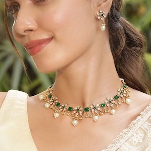 24K Gold Plated Handcrafted Mint Green Intricate Choker Jewellery Set For Women