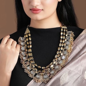 Silver & Gold-Toned Oxidised Alloy Handcrafted Necklace, Indian Necklace, Bollywood Jewelry Set, Contemporary Layered Necklace