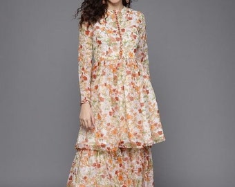 Long Sleeves Floral Printed Anarkali Kurta with Sharara For Women, Co-Ords Set, Palazzo Kurti Set, Coord Set, Ethnic Indian Dress, Kurti Set