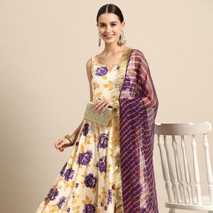 Floral Printed Pleated Gotta Patti Anarkali Kurta with Trousers & Dupatta For Women, Indian Dress, Party Wear Indo Western Outfit, Kurti Set