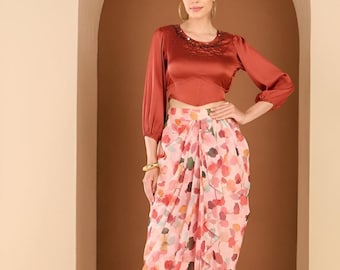 Embellished Crop Top With Drape Skirt Set For Women, Indian Top with Dhoti Skirt Set, Ethnic Indo Western Outfit, Coords Set, Indian Dress