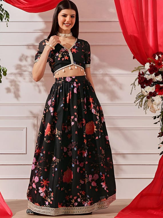 Floral Printed Crop Top With Skirt For Women, Indian Lehenga Choli, Wedding Guest Outfit, Indian Dress, Party Indo Western Dress