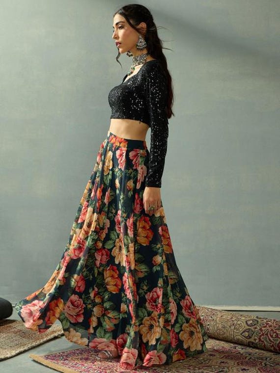 ladies crop top dress Embellished Sequinned With Skirt for Women, Indian Lehenga Choli, Wedding Guest Outfit, Indian Dress, Party Indo Western browse by_dresses