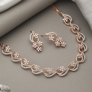Rose Gold-Plated White AD-Studded Jewellery Set, Indian Necklace With Earrings, Bollywood Jewelry Set, Indian Choker Set For Women