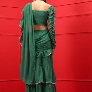 Elegant Green Embellished Crop Top with Coordinating Bottom and Attached Dupatta