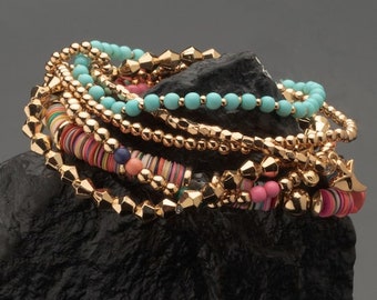 Gold-Toned & Pink Elasticated Bracelet For Women, Indian Bracelet, Beach Bracelet, Pearl Bracelet, Statement Jewelry, Multicolor Bracelet