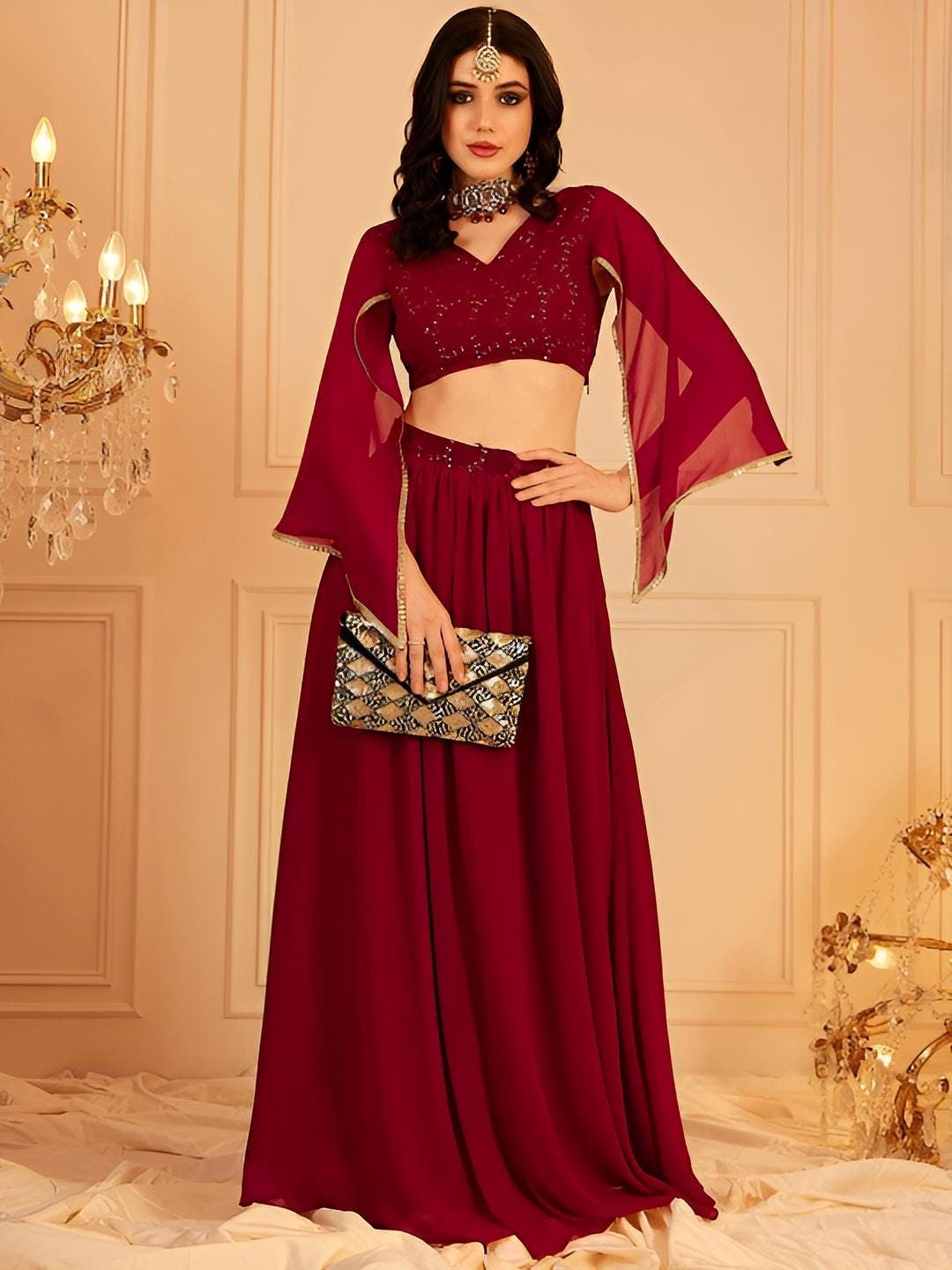 knee length dresses for ladies Girls Purple Ethnic Crop Top with Palazzo and Jacket-Kids Festive Ethn –  Inayah Fashion main image 1