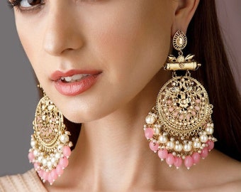 Boucles d'oreilles pendantes classiques plaquées or et fabriquées à la main, boucles d'oreilles ethniques jhumka, boucles d'oreilles indiennes pour femme, boucles d'oreilles pendantes, style bollywood