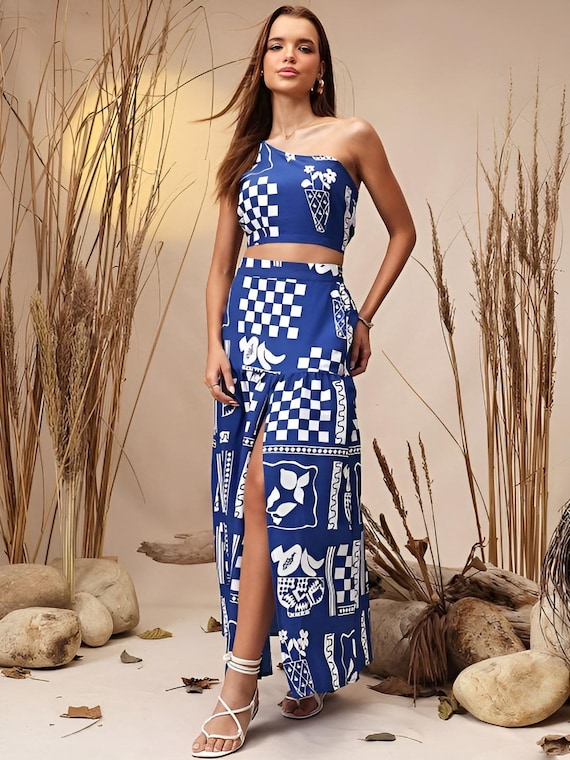 Printed One Shoulder Crop Top With Skirt Set for Women, Indian Top