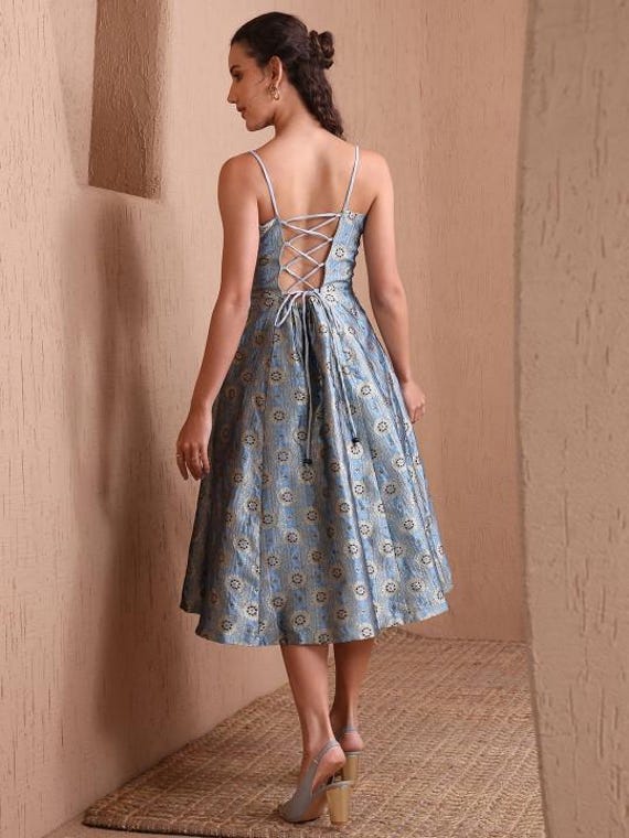 ethnic cocktail dresses Midi Bollywood Cocktail Dresses Ethnic Motifs Jacquard Backless Fit Flare  Midi Dress For Women