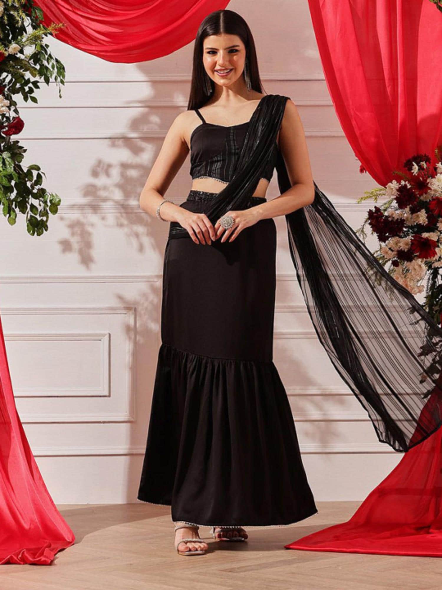 black indo western dress Black Satin Long Dress With Beaded Lace Appliqué