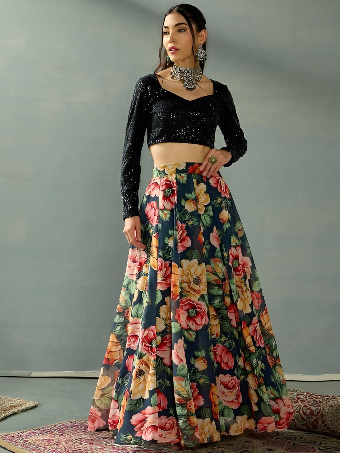 Embellished Sequinned Crop Top With Skirt For Women, Indian Lehenga Choli, Wedding Guest Outfit, Indian Dress, Party Indo Western Dress