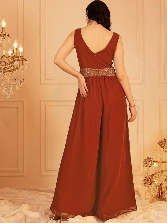 Indian Bridesmaid Dresses Indo Western Indian Wedding Guest Outfit Ideas  Rust Embroidered Fusion Jumpsuit S