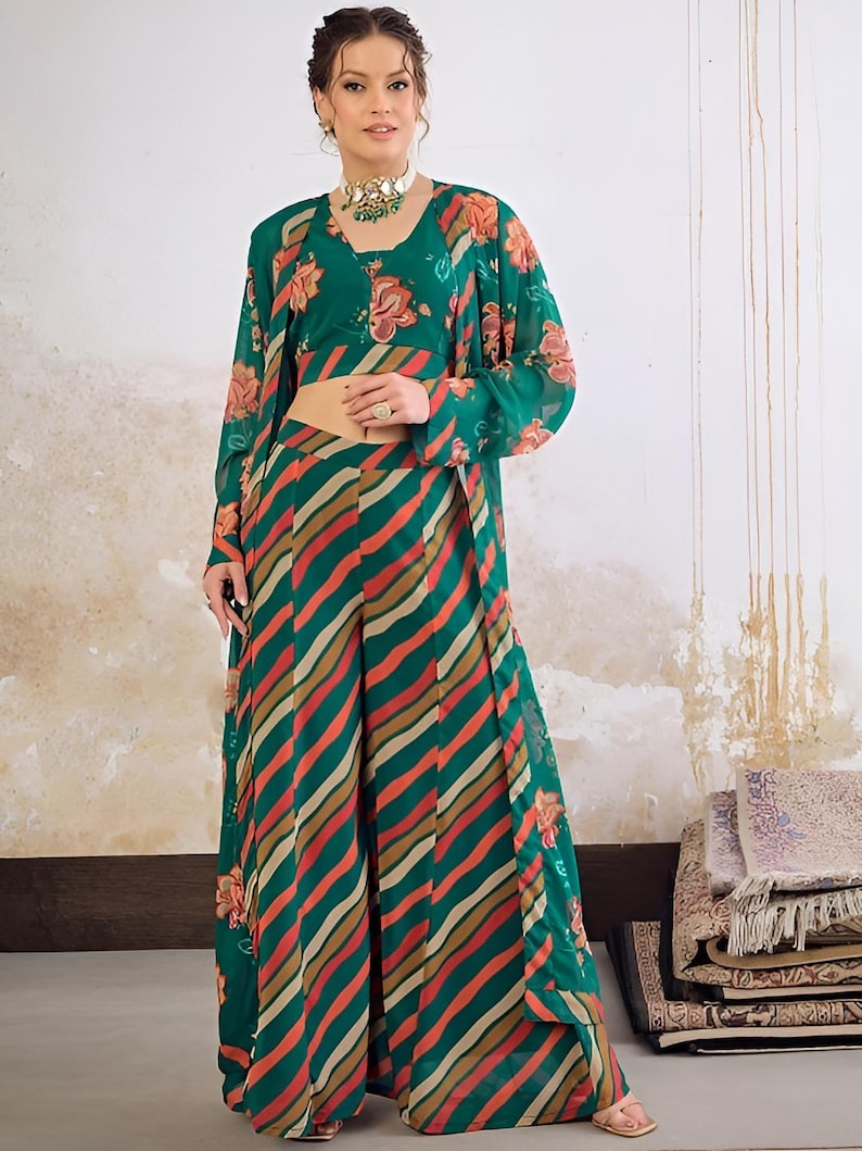 Floral Crop Top With Palazzo and Shrug Coord Set