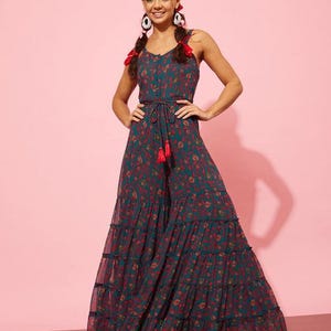 Floral Print Ruffled Jumpsuit For Women, Indian Dress For Women, Indian Jumpsuit, Indian Gown, Sleeveless Jumpsuit For Women