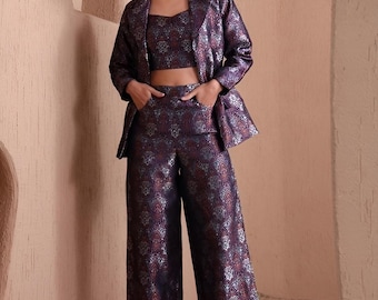 Crop Top With Trousers and Blazer Set for Women, Coord Set, Ethnic Indian Dress, Indo Western Outfit, Crop Top With Pants and Jacket