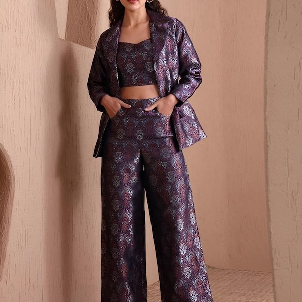 Crop Top With Trousers and Blazer Set for Women, Coord Set, Ethnic Indian Dress, Indo Western Outfit, Crop Top With Pants and Jacket