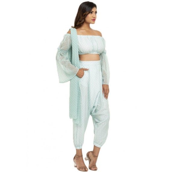Off Shoulder Crop Top With Dhoti Pants 