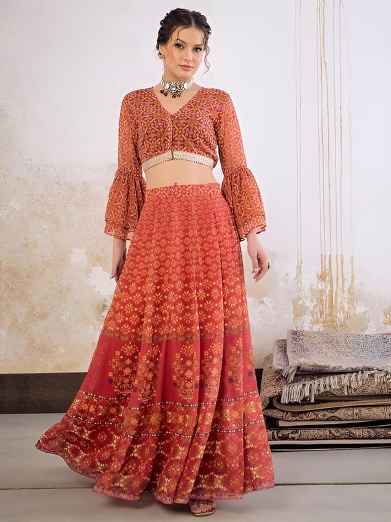 Ethnic Printed Crop Top With Skirt for Women, Indian Lehenga Choli