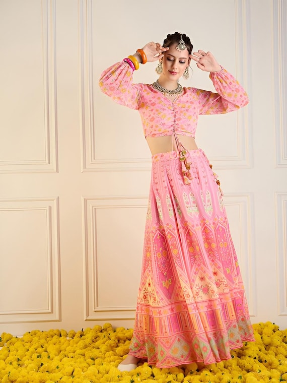 Printed Crop Top With Skirt for Women, Indian Lehenga Choli
