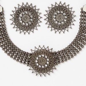 Metallic & White German Silver Kundan Handcrafted Oxidised Choker Necklace With Earrings Set