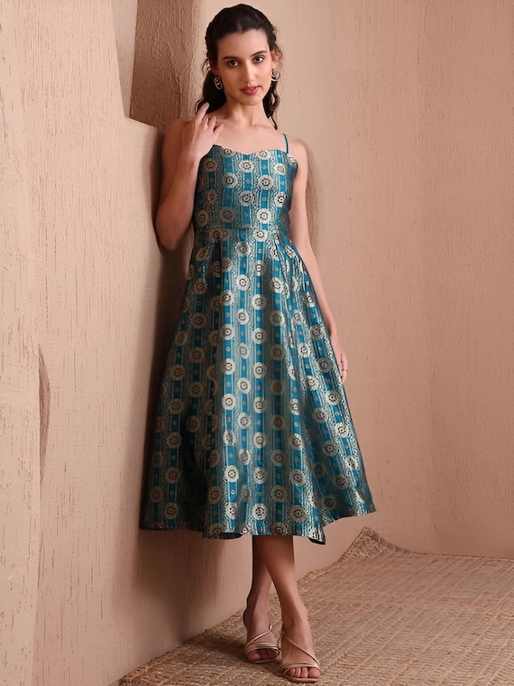 indian fusion cocktail dress Ethnic Motifs Jacquard Backless Fit & Flare Midi Dress for Women,  Sleeveless Indian Dress, Indo Western Outfit, Fusion Wedding Guest Outfit