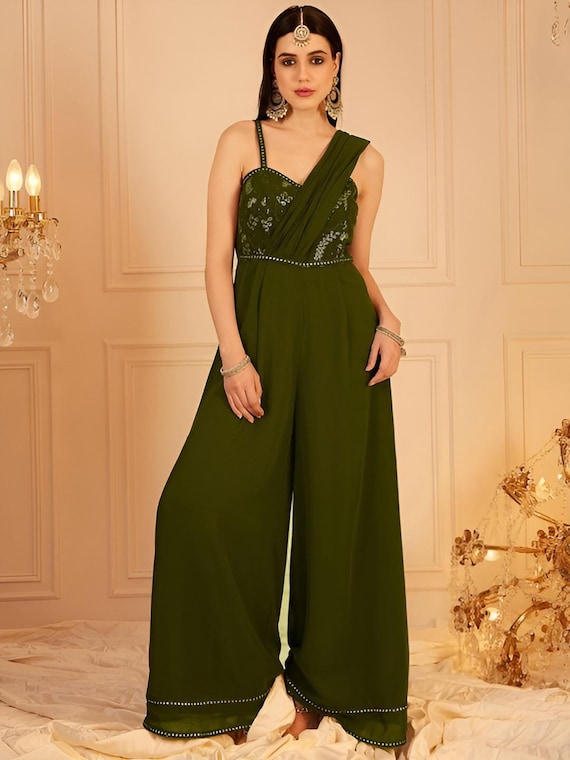 Embroidered Jumpsuit With Attached Dupatta For Women, Indian Jumpsuit, Indian One Piece Dress, Indo Western Outfit, Wedding Guest Outfit