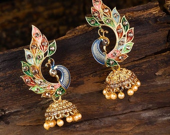 Boucles d’oreilles indiennes plaquées or Jhumka, Boucles d’oreilles en perles, Boucles d’oreilles indiennes traditionnelles, Bijoux de mariée, Boucles d’oreilles en diamant américain, Design de paon