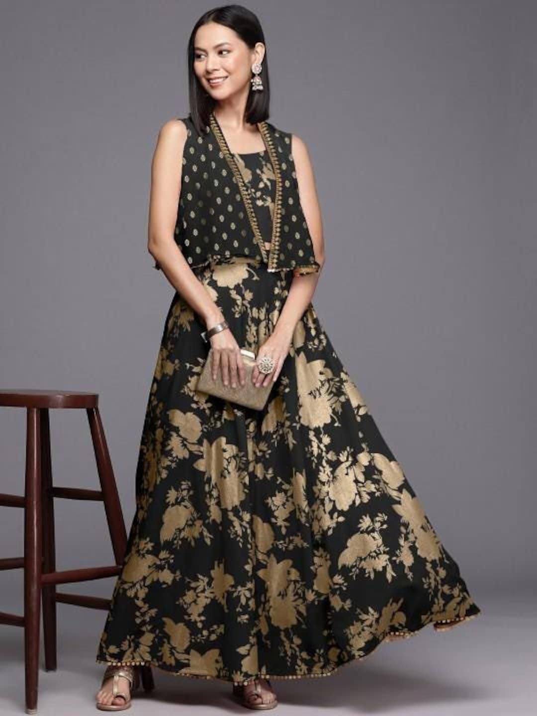 Indian Crop Top With Skirt And Jacket Set