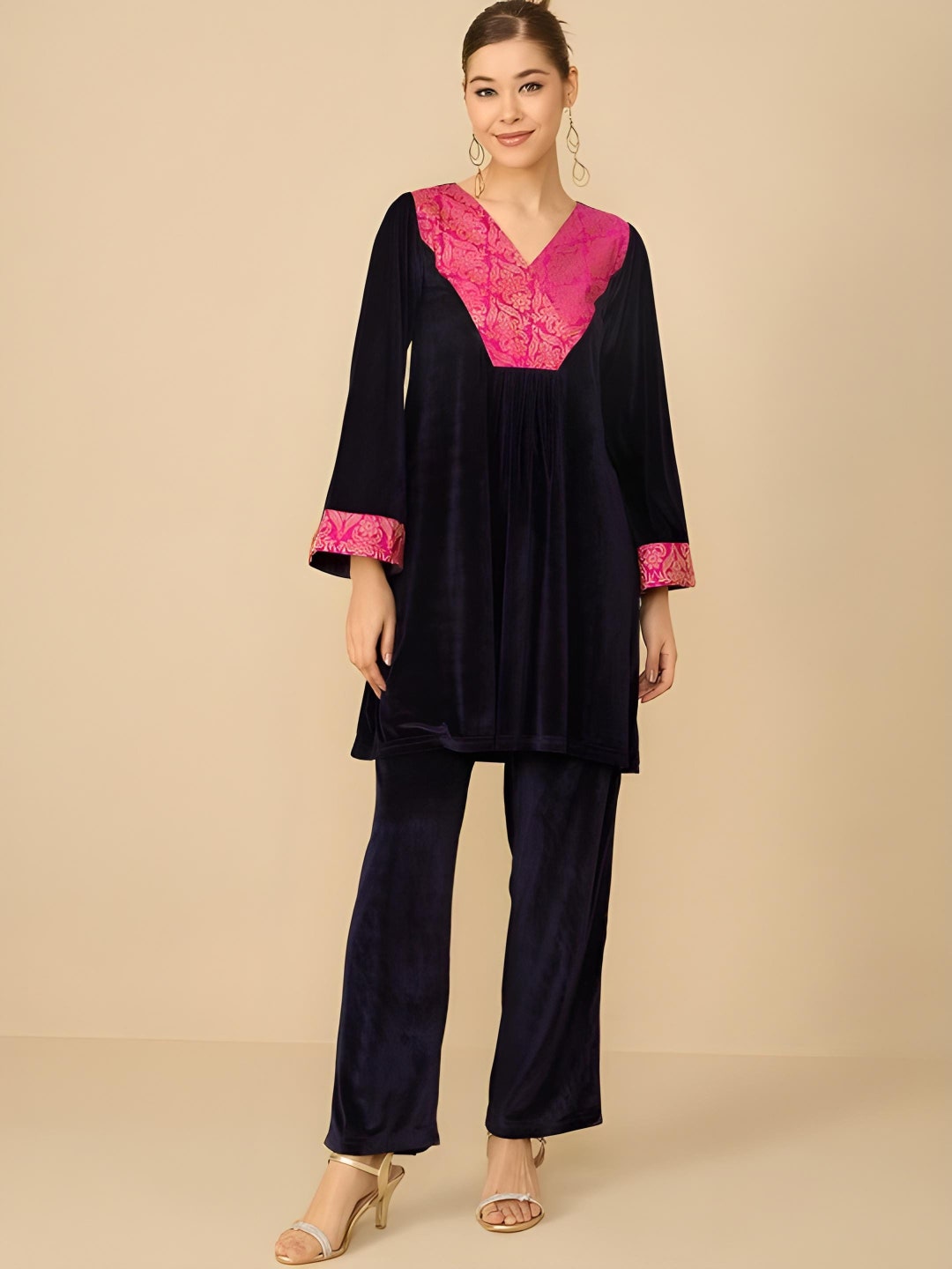 Antheaa Embellished velvet V-Neck Tunic & Brocade Trousers Co-Ords main image 0