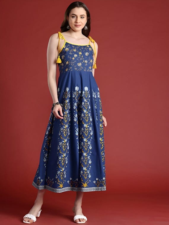 knee length dresses for ladies Black Georgette Golden Printed Midi Fit & Flare Ethnic Dress main image 0