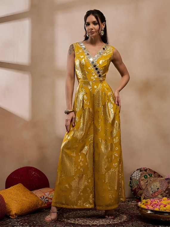 Overlap Neck Mirror Work Jumpsuit for Women, Indian Jumpsuit Overlap Neck Mirror Work Jumpsuit for Women, Indian Jumpsuit