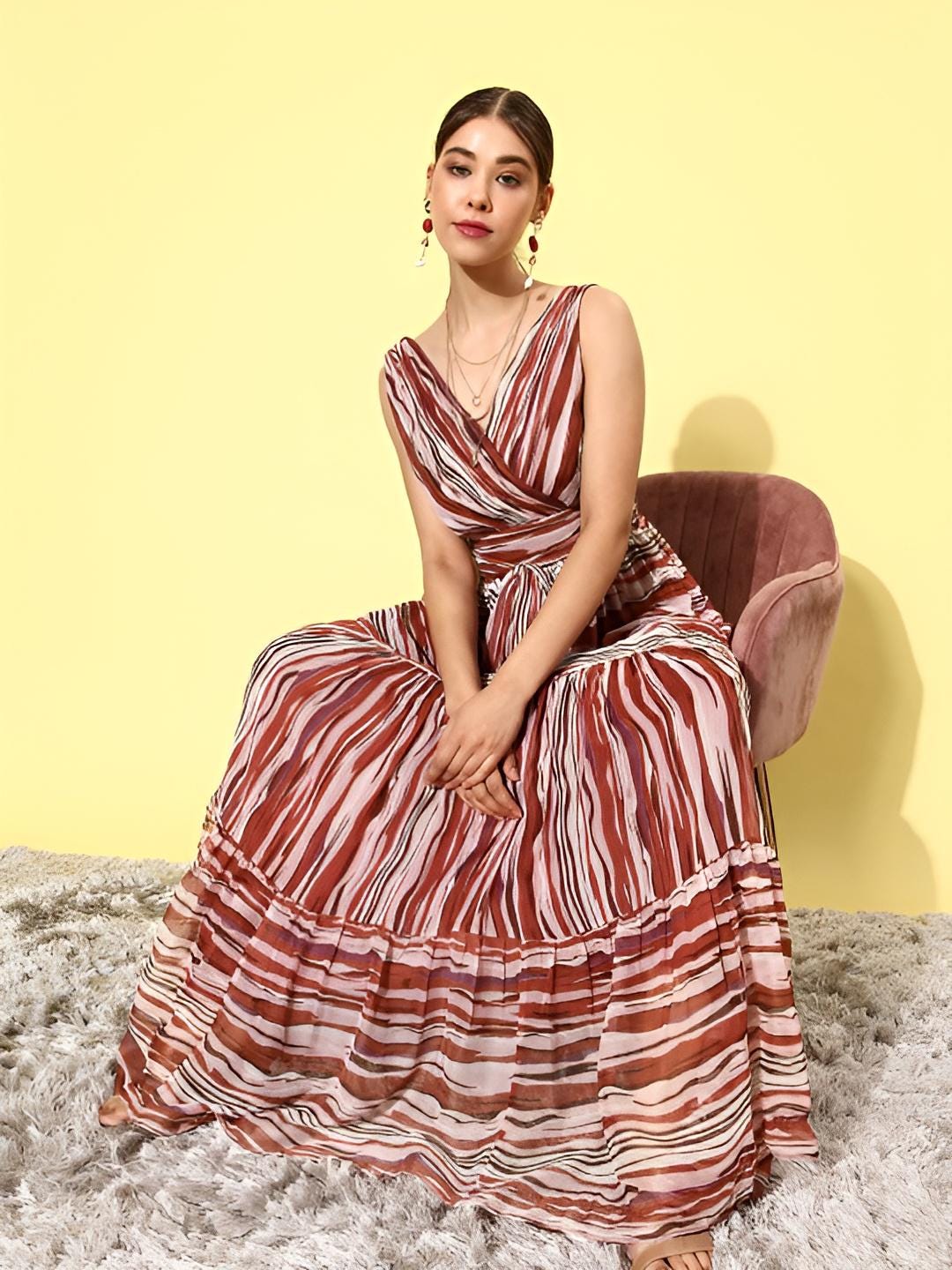 backless indian dress for women Women Rust Abstract Backless Sundress