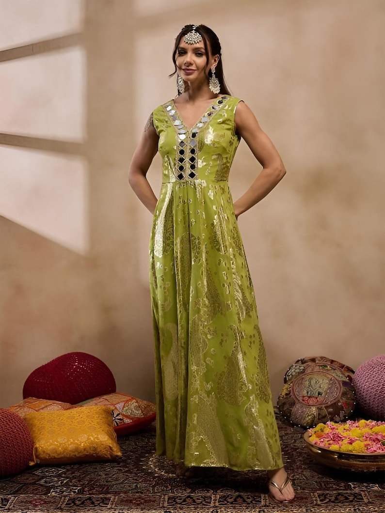 Printed Mirror Work Kalidar Jumpsuit For Women, Indian Jumpsuit, Indian One Piece Dress, Indo Western Outfit, Wedding Guest Outfit