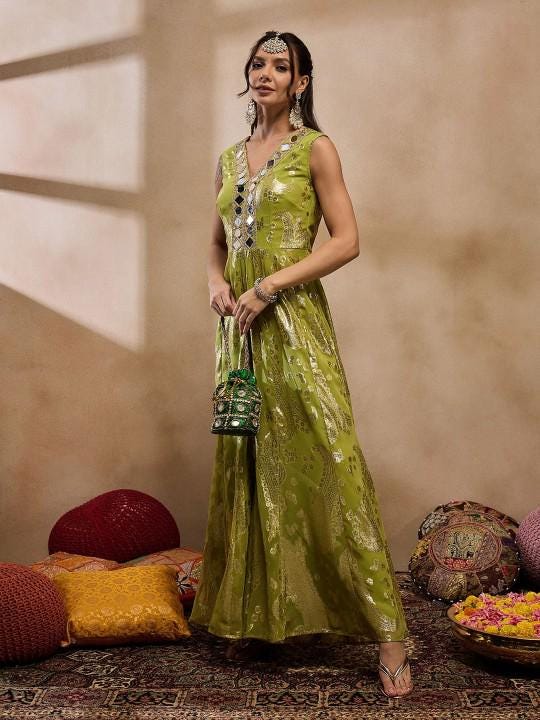 Olive Printed Mirror Work Kalidar Jumpsuit for Women, Indian