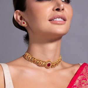 24K Gold Plated Handcrafted Intricate Choker Jewellery Set For Women, Indian Choker With Earrings Set, Contemporary Choker Necklace