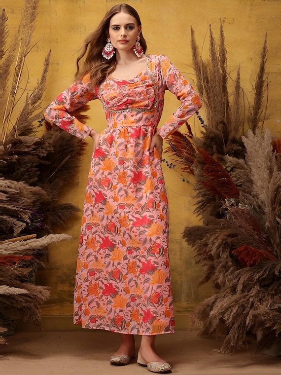 Floral Printed Maxi Ethnic Dress For Women, Indian Dress For Women, Indo Western Outfit, Maxi Dress For Women Floral Printed Maxi Ethnic Dress For Women, Indian Dress For Women, Indo Western Outfit, Maxi Dress For Women