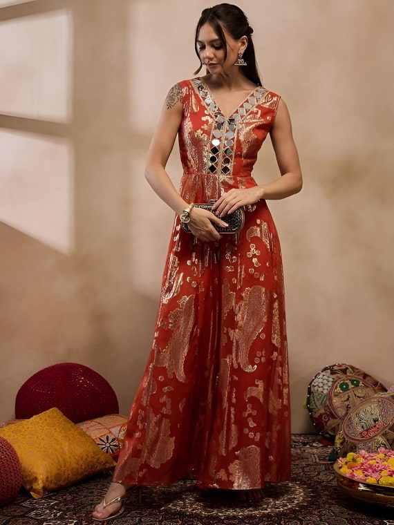 Rust Printed Mirror Work Kalidar Jumpsuit for Women, Indian Rust Printed Mirror Work Kalidar Jumpsuit for Women, Indian