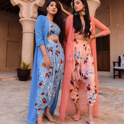 Indian Crop Top with Dhoti Pants and Shrug for Women \u0026 Girls, Indo Western Dress for Women, Top Dhoti Pants and Long Jacket, Indian Dress