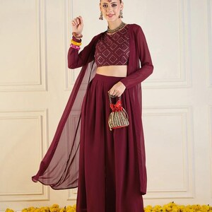 Tasseled Indo-western Crop-Top Set with Floral Print Shrug main image 1