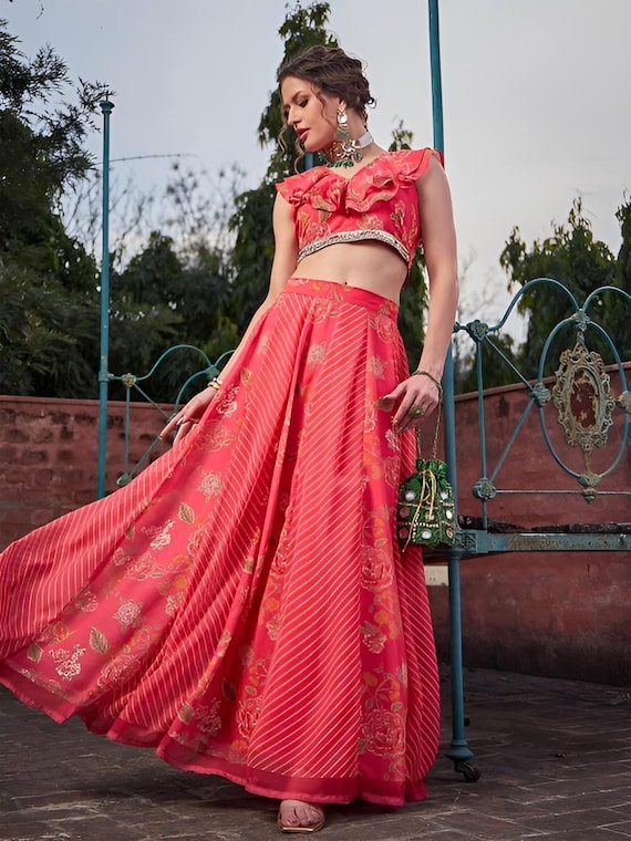 Floral Ruffled Crop Top With Skirt for Women, Indian Lehenga Choli