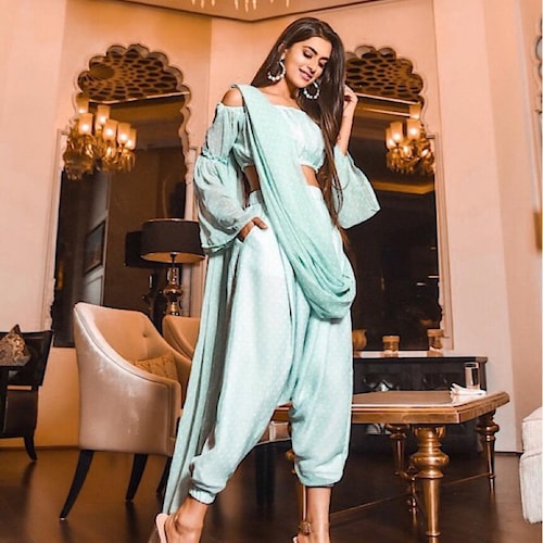 Off Shoulder Crop Top With Dhoti Pants 