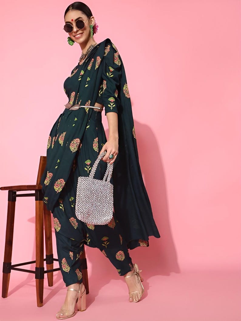 Crop Top With Dhoti Pants & Attached Dupatta Set, Ethnic Indo Western Outfit, Ready To Wear Dhoti Saree, Indian Wedding Guest Outfit
