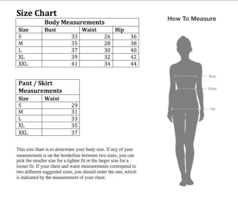 Op de afbeelding: Maattabel voor kleding met metingen in inches voor borst, taille en heup. De tabel bevat de maten S, M, L, XL en XXL. Een diagram toont hoe je borst, taille en heup moet meten.
