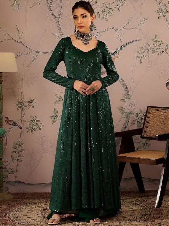 Long Sleeves Sequin Anarkali Kurta For Women, Indian Dress For Women, Indo Western Outfit, Indian Gown Dress For Women, Wedding Guest Outfit